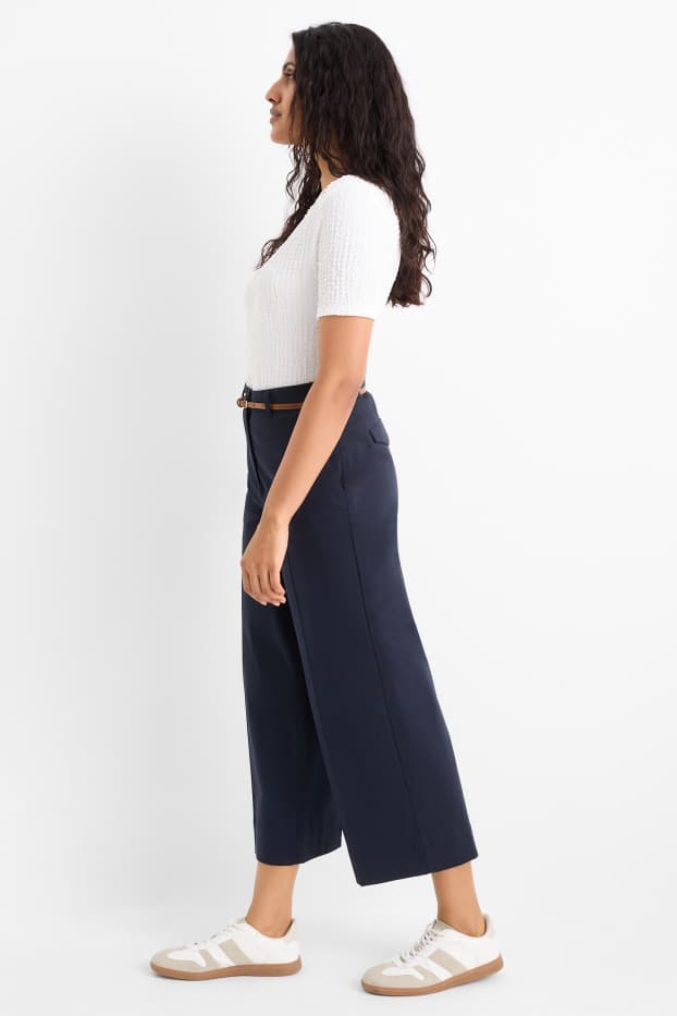 Dames - Pantalon met ceintuur - high waist - wide leg - donkerblauw