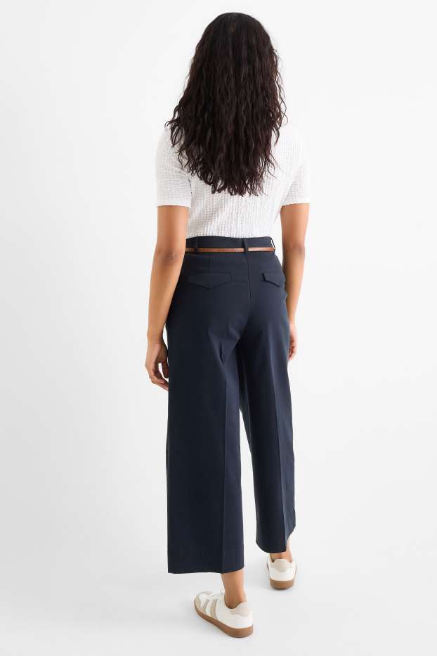 Dames - Pantalon met ceintuur - high waist - wide leg - donkerblauw