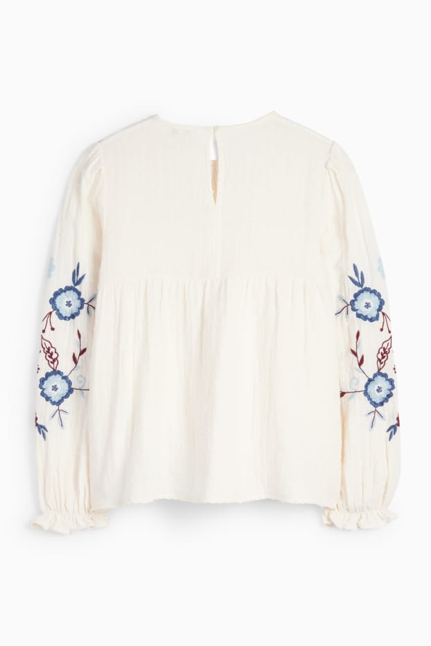 Kinderen: meisjes - Bloem - blouse - met structuur - crème wit