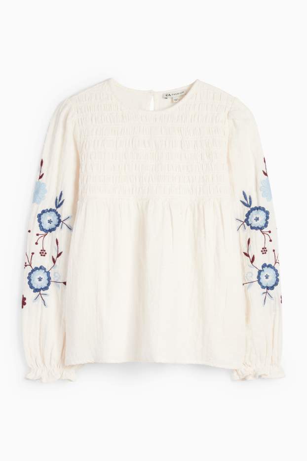 Kinderen: meisjes - Bloem - blouse - met structuur - crème wit