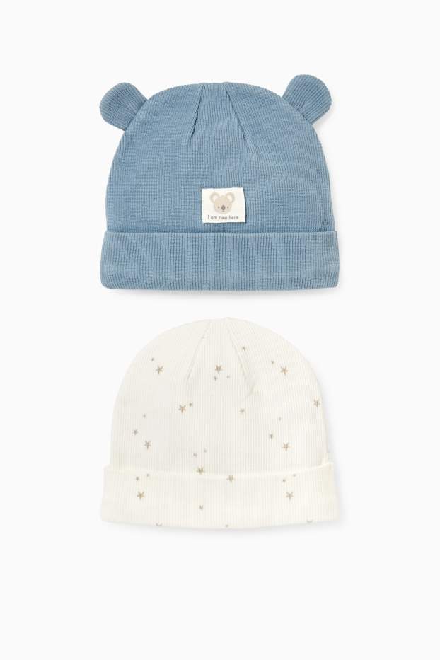 Miminka - chlapci - Multipack 2 ks - motiv medvídka koala a motivy hvězdiček - čepice beanie pro miminka - žebrovaná - modrá