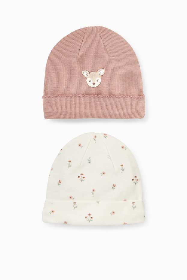 Baby Mädchen - Multipack 2er - Blümchen und Rehkitz - Baby-Beanie - cremeweiß