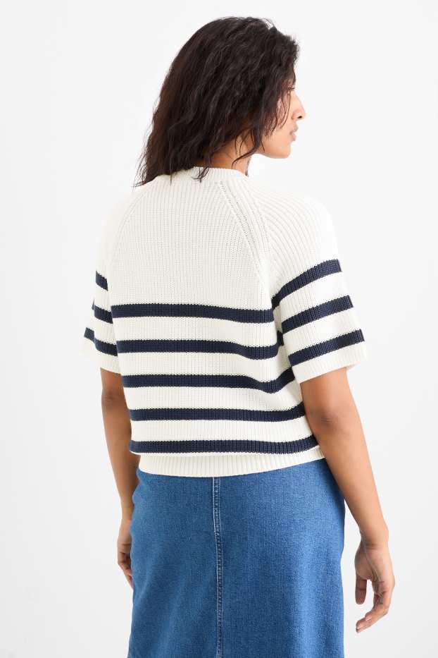 Women - Knitted jumper - short sleeve - ribbed - striped - white / blue