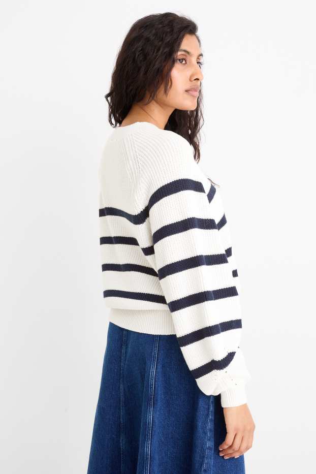 Damen - Pullover - gerippt - gestreift - weiss