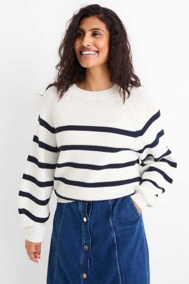 Damen - Pullover - gerippt - gestreift - weiss