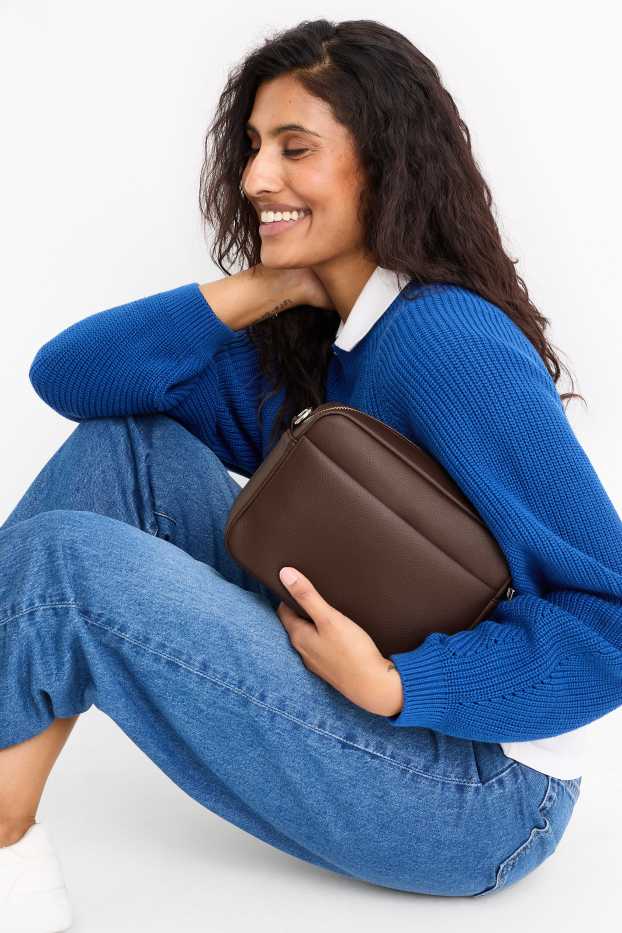 Women - Crossbody bag with detachable bag strap - faux leather - dark brown