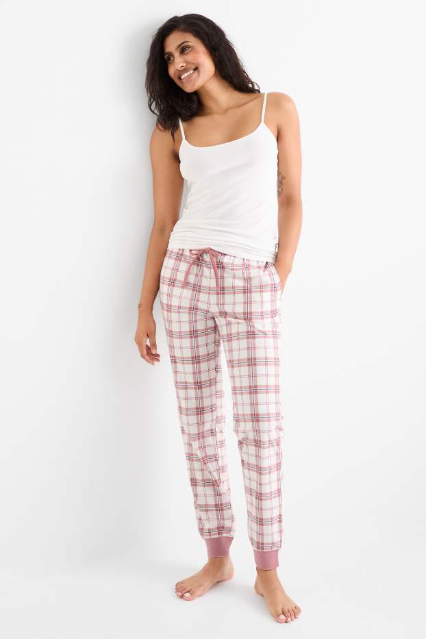 Damen - Flanell-Pyjamahose - kariert - weiss / rosa