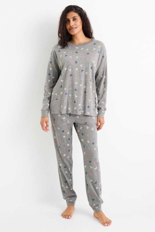 Damen - Pyjama - gemustert - grau-melange