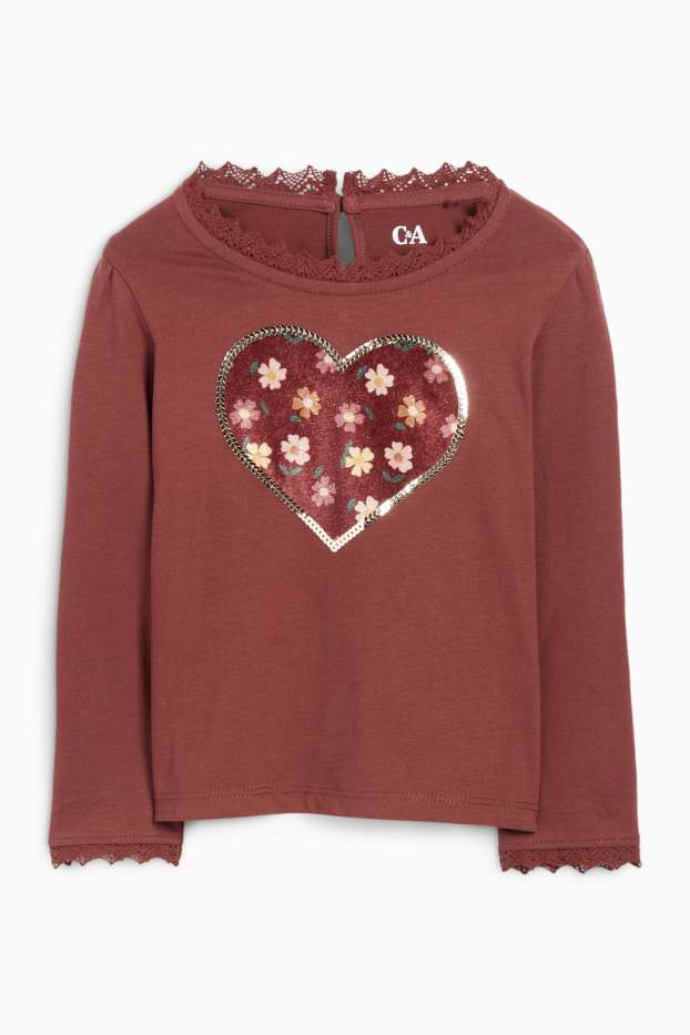 Kinder Mädchen - Blume und Herz - Langarmshirt - dunkelbraun