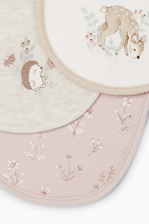 Baby: meisjes - Set van 3 - bloemetje, reekalfje en egeltje - babyslabbetje - crème wit
