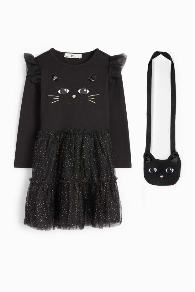 Enfants filles - Chat - ensemble - robe et sac - 2 pièces - noir