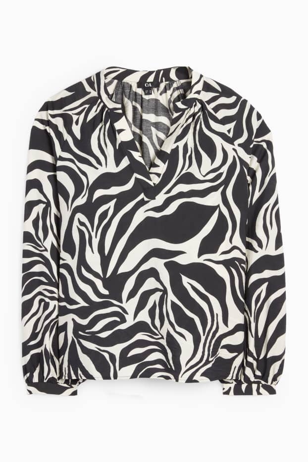 Damen - Bluse mit V-Ausschnitt - gemustert - schwarz / beige
