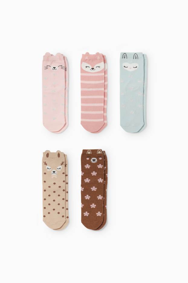 Kinderen: meisjes - Set van 5 paar - dieren - sokken met motief - met patroon - roze