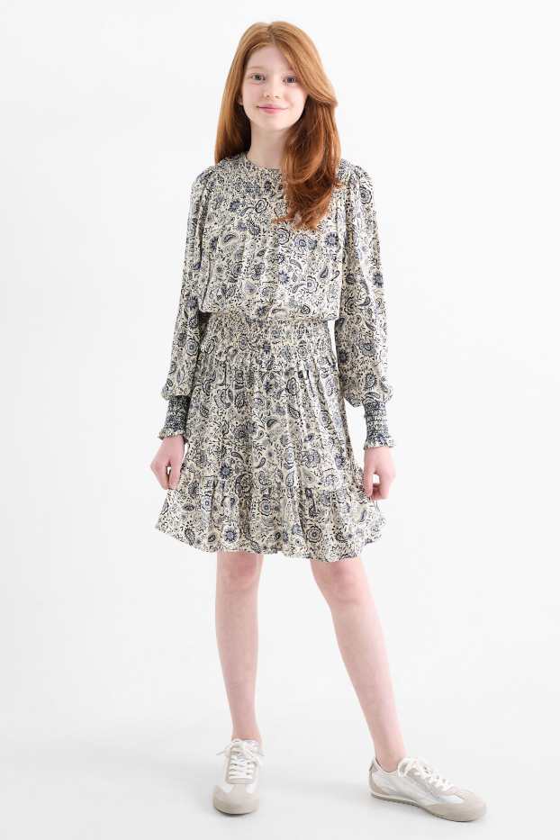 Kinder Mädchen - Kleid - geblümt - blau / weiß