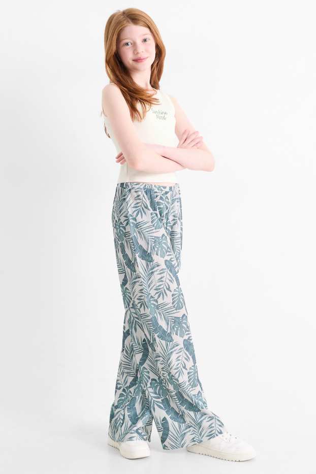 Kinder Mädchen - Blatt - Set - Top und Jersey-Hose - 2 teilig - dunkelgrün / cremeweiß