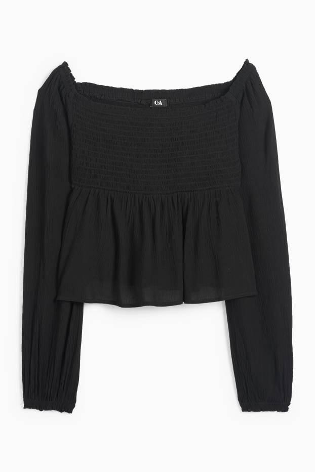 Dames - Korte blouse - gesmokt - zwart