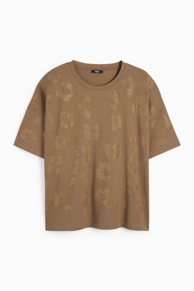 Donna - T-shirt con strass - regular fit - kaki