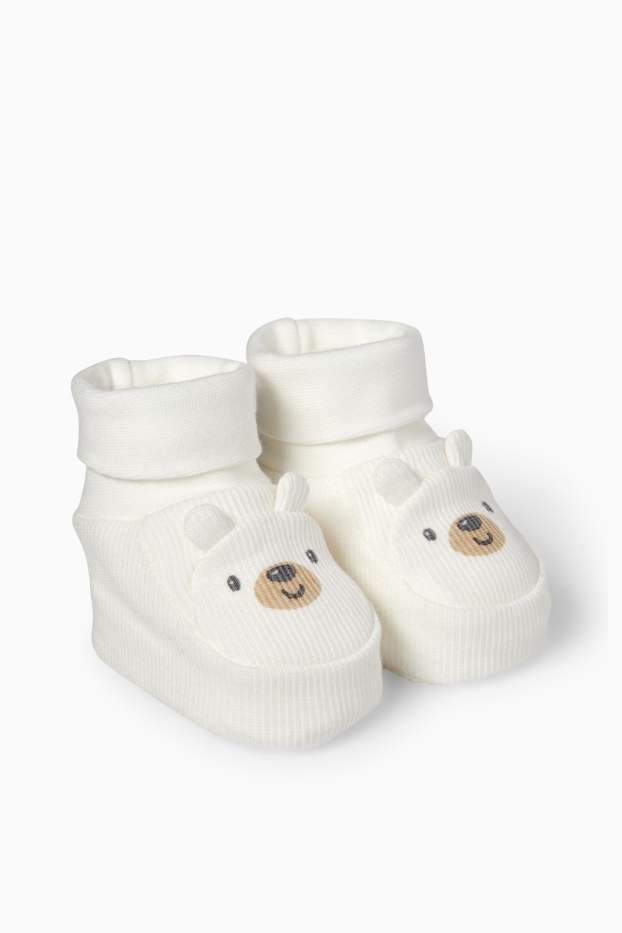 Unisex - Bärchen - Baby-Krabbelschuhe - gerippt - weiss