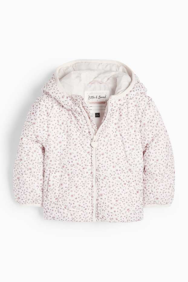 Baby Mädchen - Baby-Steppjacke mit Kapuze - wasserabweisend - geblümt - weiß / rosa