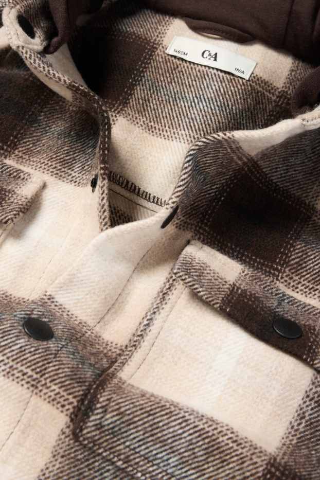 Kinderen: jongens - Overhemdjas met capuchon - geruit - beige / bruin