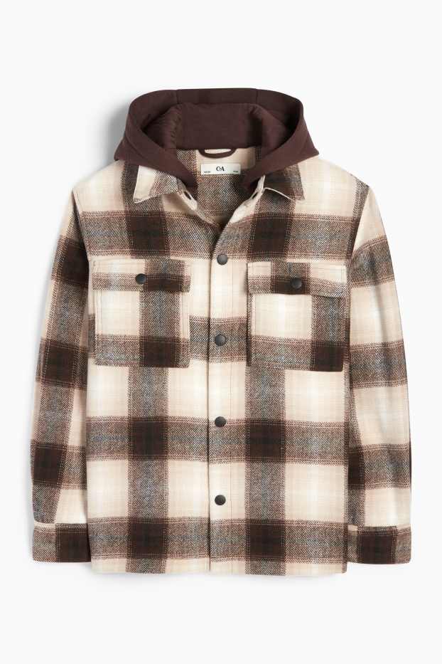 Kinderen: jongens - Overhemdjas met capuchon - geruit - beige / bruin