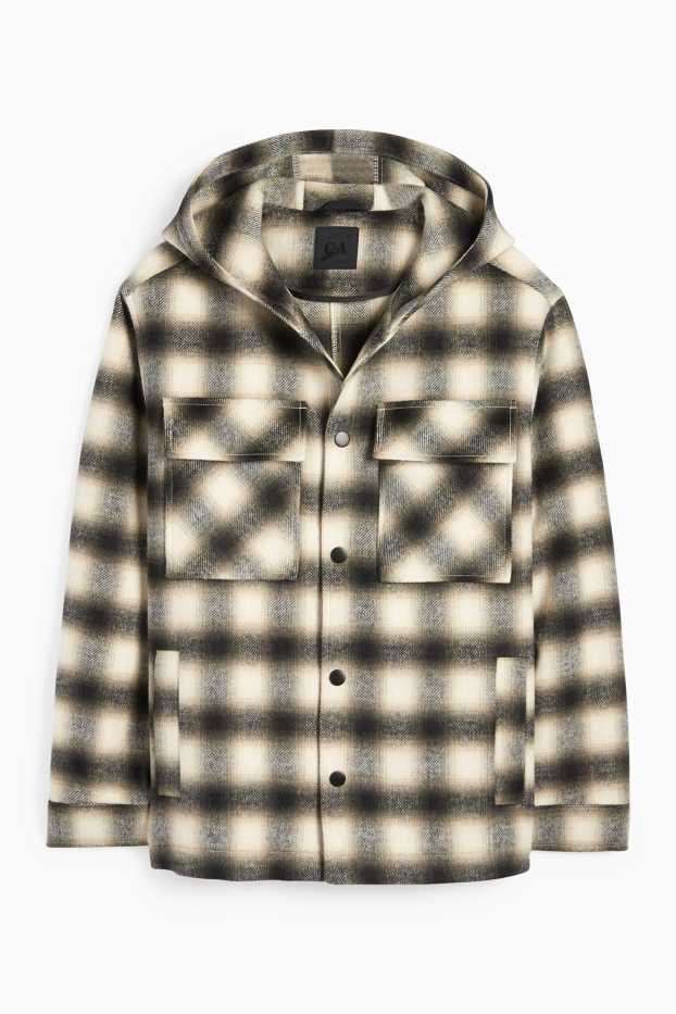 Uomo - Giacca camicia con cappuccio - regular fit - a quadretti - nero / beige