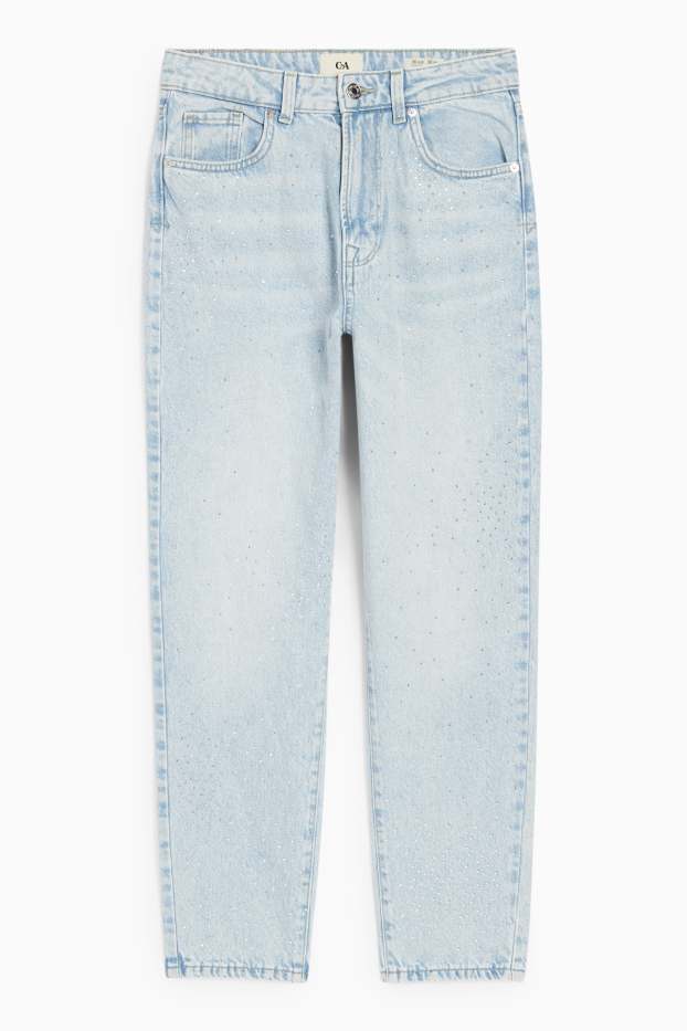 Femei - Mom jeans cu ștrasuri - talie înaltă - denim-albastru deschis
