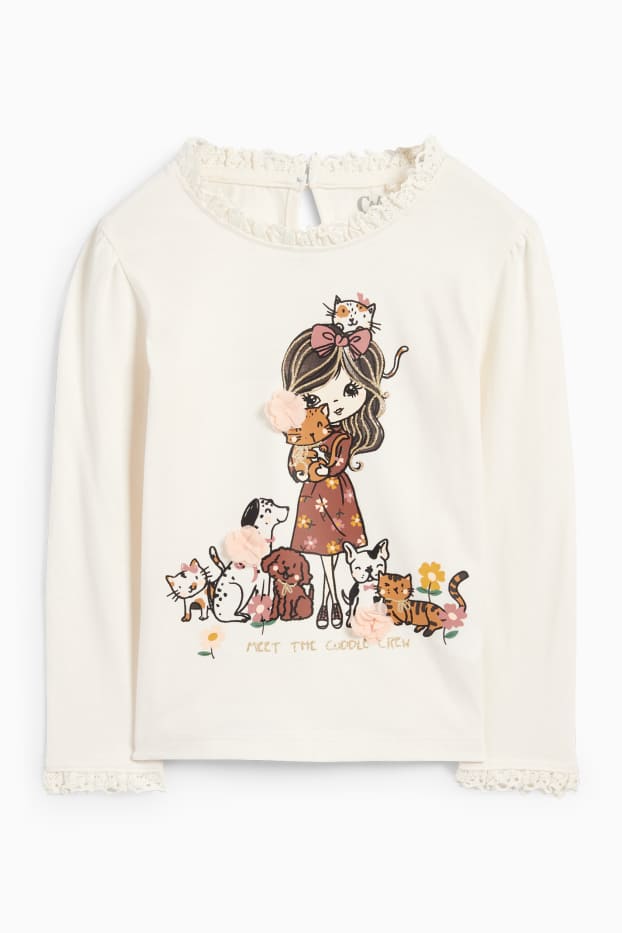 Kinder Mädchen - Hund, Katze und Mädchen - Langarmshirt - cremeweiß