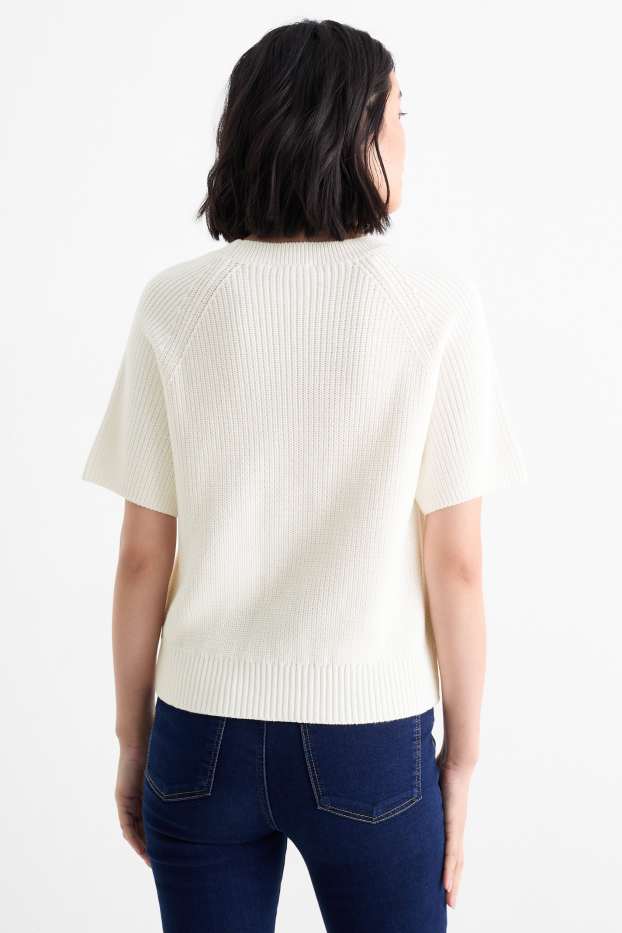 Damen - Strickpullover - kurzarm - gerippt - weiß