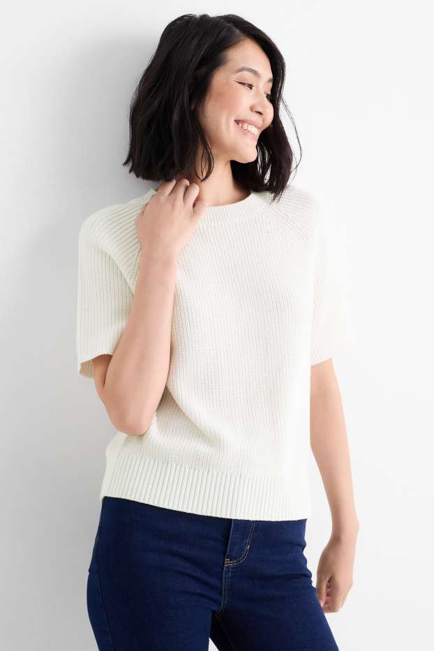 Damen - Strickpullover - kurzarm - gerippt - weiß