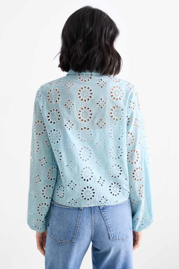 Damen - Bluse - Broderie Anglaise - türkis