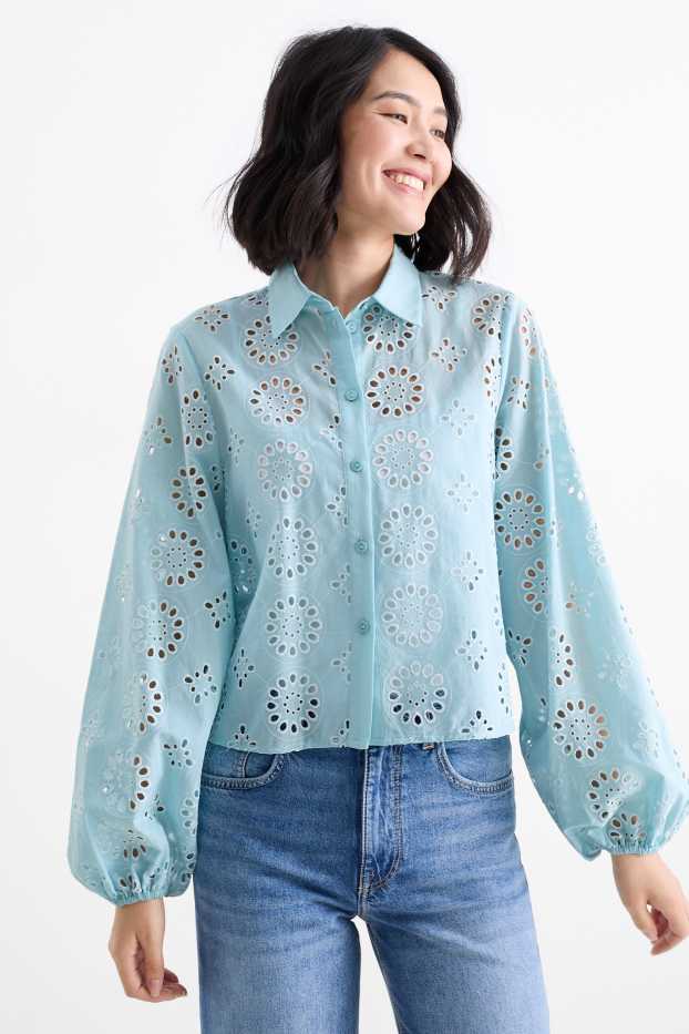 Damen - Bluse - Broderie Anglaise - türkis