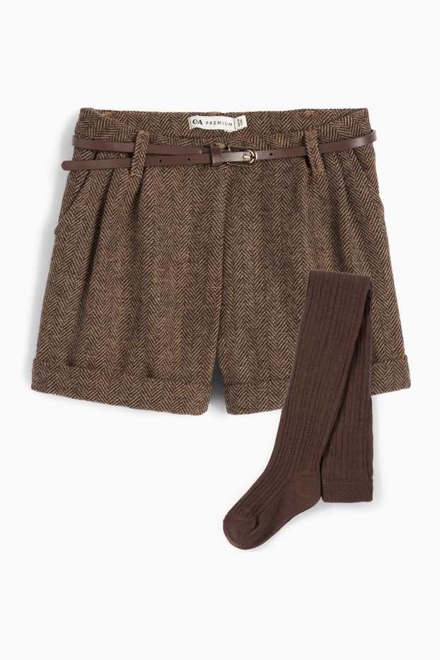 Enfants filles - Ensemble - short avec ceinture et collants - 3 pièces - marron