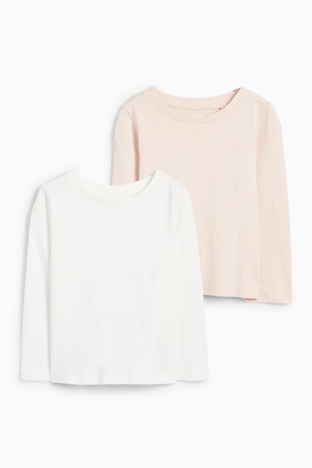 Enfants filles - Lot de 2 - cœurs - hauts à manches longues - blanc / rose