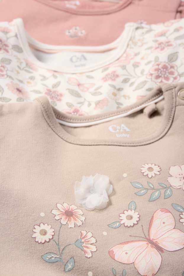 Niemowlęta dziewczynki - Wielopak, 3 szt. - kwiatki i motyl - bluza niemowlęca - ciemnoróżowy