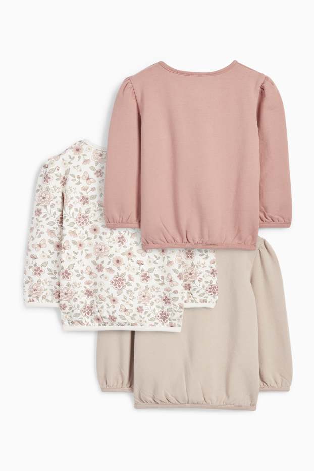 Niemowlęta dziewczynki - Wielopak, 3 szt. - kwiatki i motyl - bluza niemowlęca - ciemnoróżowy