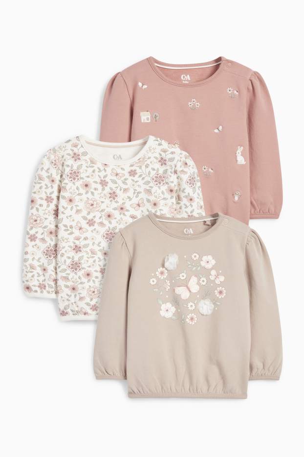 Niemowlęta dziewczynki - Wielopak, 3 szt. - kwiatki i motyl - bluza niemowlęca - ciemnoróżowy