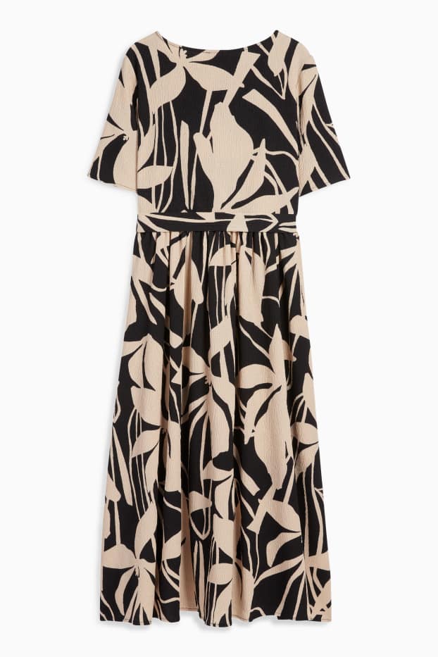 Donna - Vestito fit & flare con cintura - a fiori - tessuto tramato - nero / beige