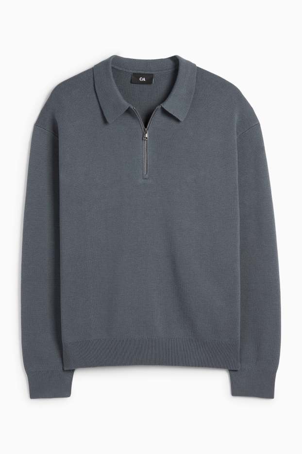 Herren - Langarm-Poloshirt - gestrickt - dunkelgrau