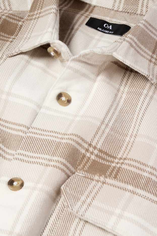 Heren - Flanellen overhemd - relaxed fit - kent - geruit - beige