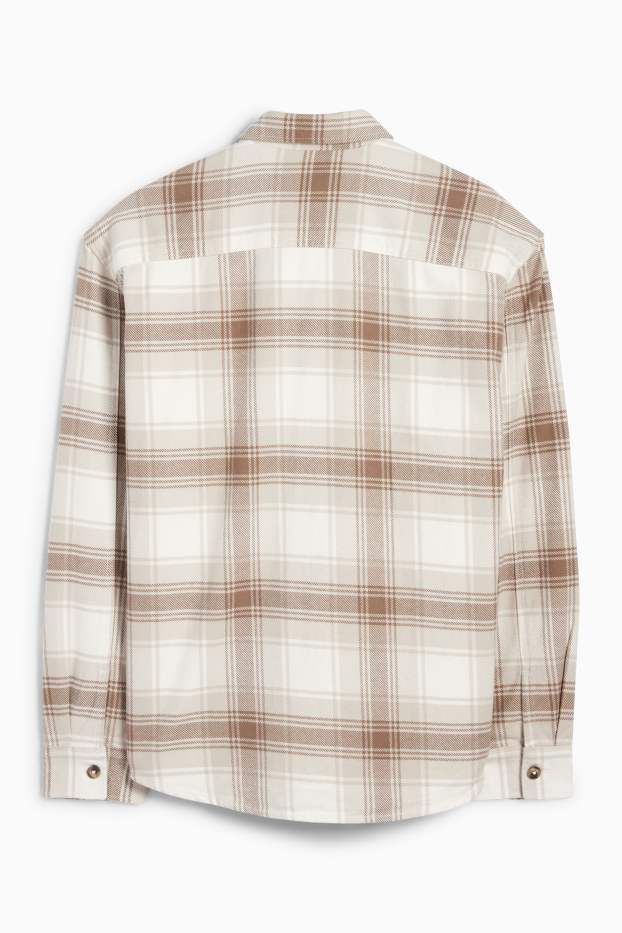 Heren - Flanellen overhemd - relaxed fit - kent - geruit - beige
