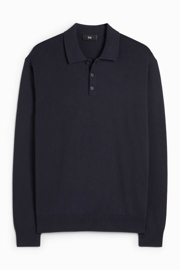 Herren - Langarm-Poloshirt - gestrickt - dunkelblau