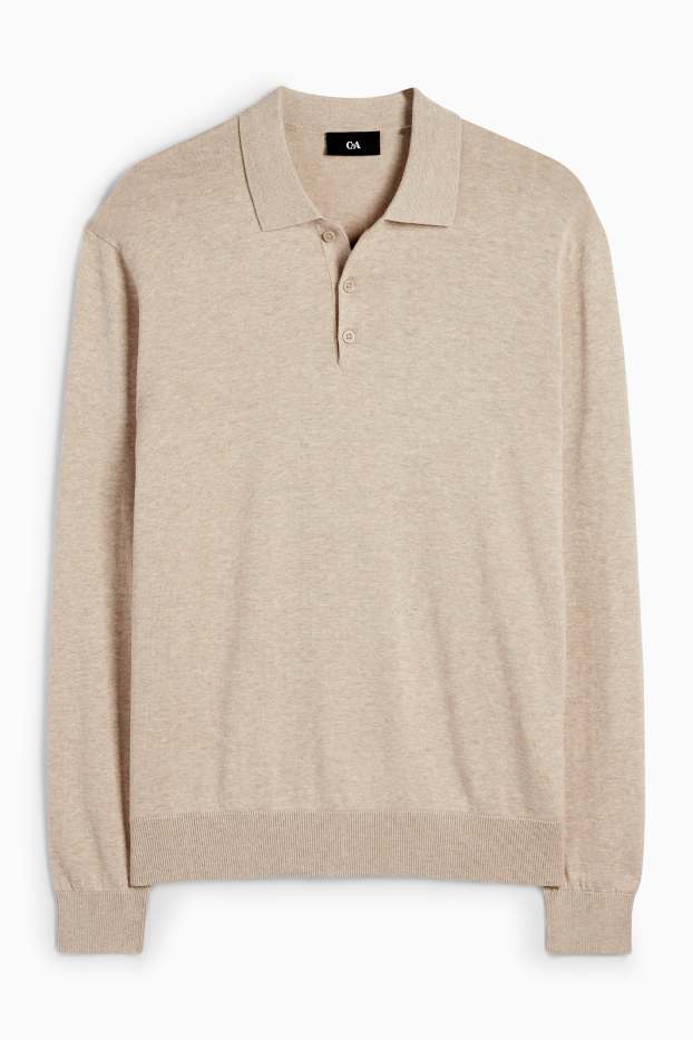 Herren - Langarm-Poloshirt - gestrickt - hellbeige