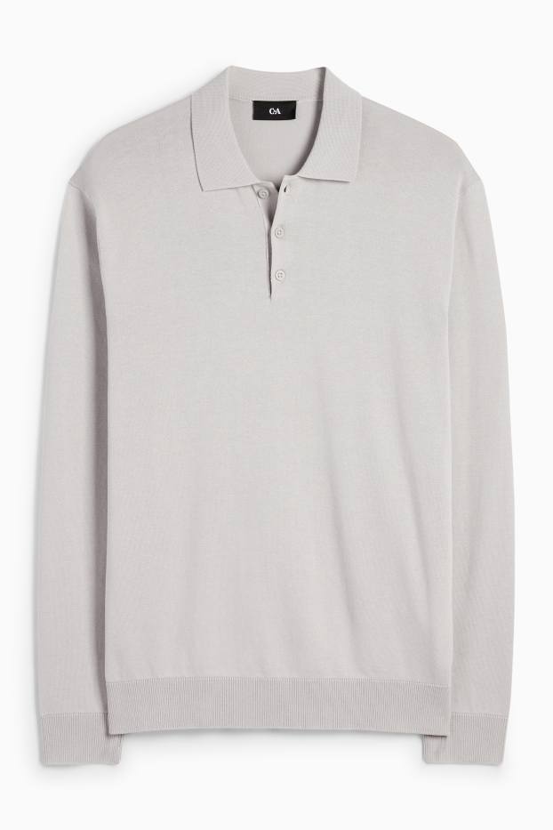 Herren - Langarm-Poloshirt - gestrickt - hellgrau