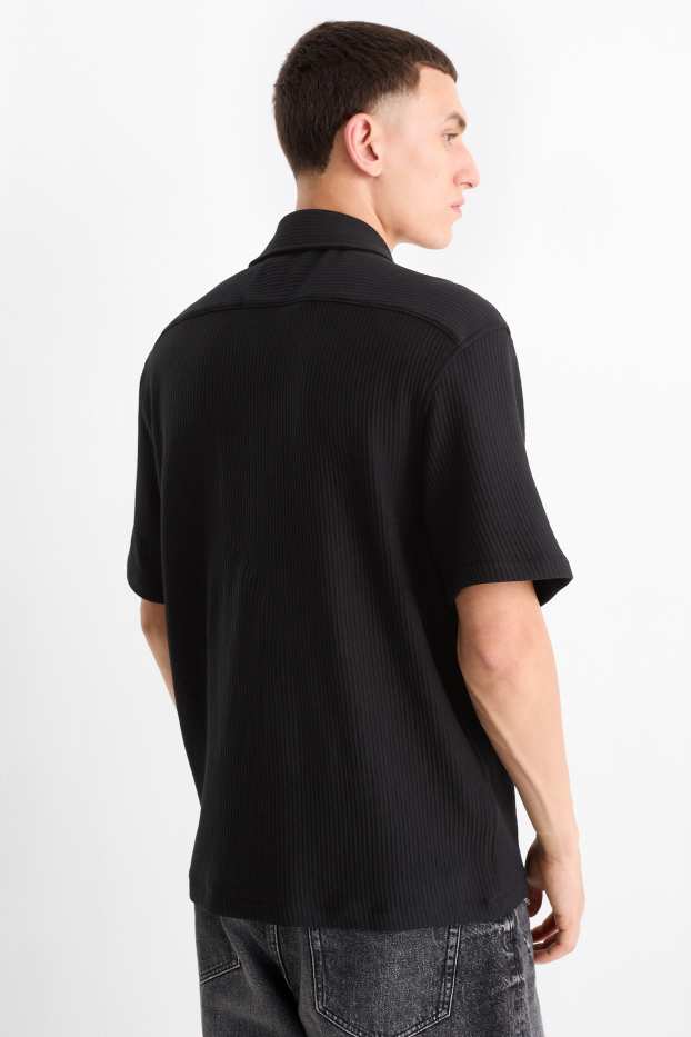 Men - Shirt - relaxed fit - kent collar - ribbed - black