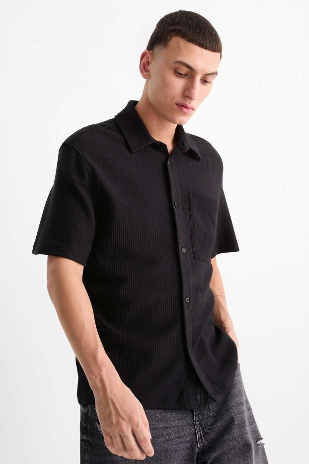 Men - Shirt - relaxed fit - kent collar - ribbed - black