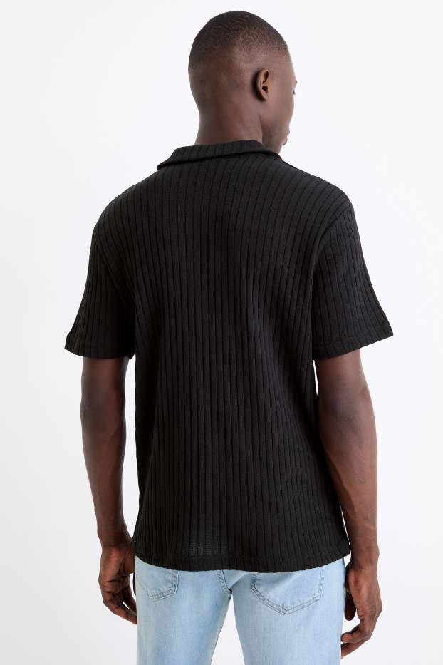 Herren - Strick-Poloshirt - gerippt - schwarz