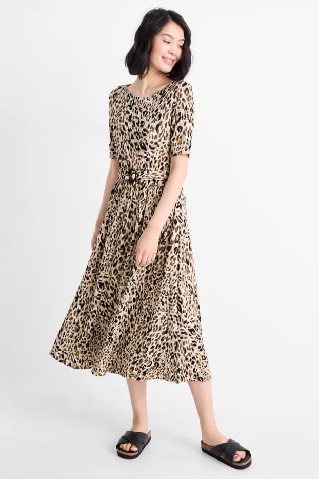 Dames - Fit & flare-jurk met ceintuur - luipaardvelprint - beige