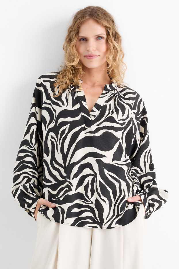 Damen - Bluse mit V-Ausschnitt - gemustert - schwarz / beige