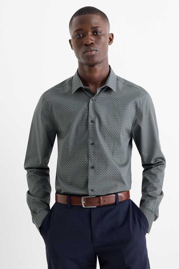 Hombre - Camisa de oficina - slim fit - Kent - de planchado fácil - estampado diminuto - verde oscuro